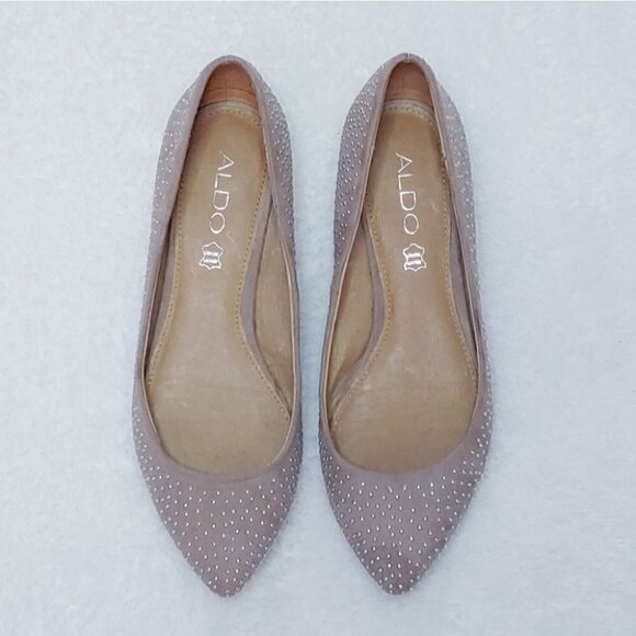 ALDO Taupe Studded Leather Pointed Toe Flats - Picture 2 of 7